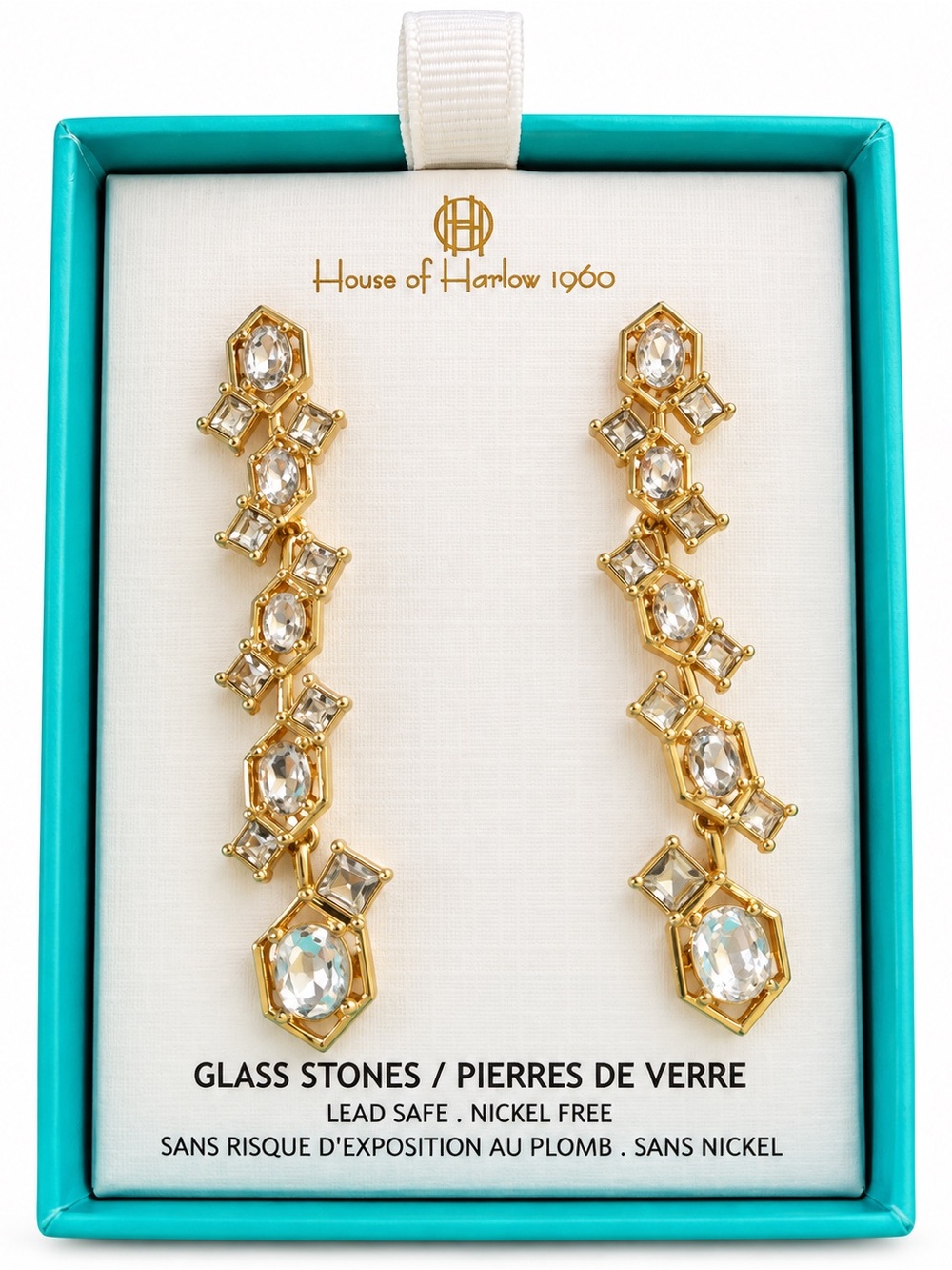 House of Harlow 1960 Gold Linear Drop Earrings with Clear Stones